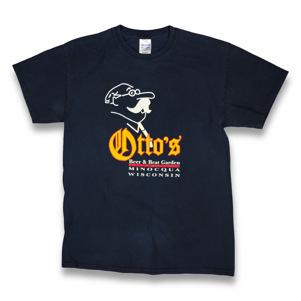 Gildan T-Shirt Mens Medium Navy Blue Excellent Ottos Beer & Brat Garden Graphic